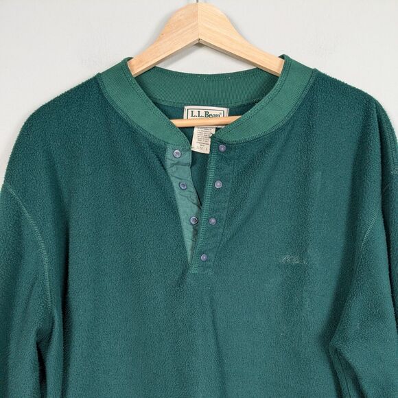 Vintage LL Bean Fleece Henley Shirt Sweatshirt Pullover Preppy Snap Green L - Picture 2 of 8